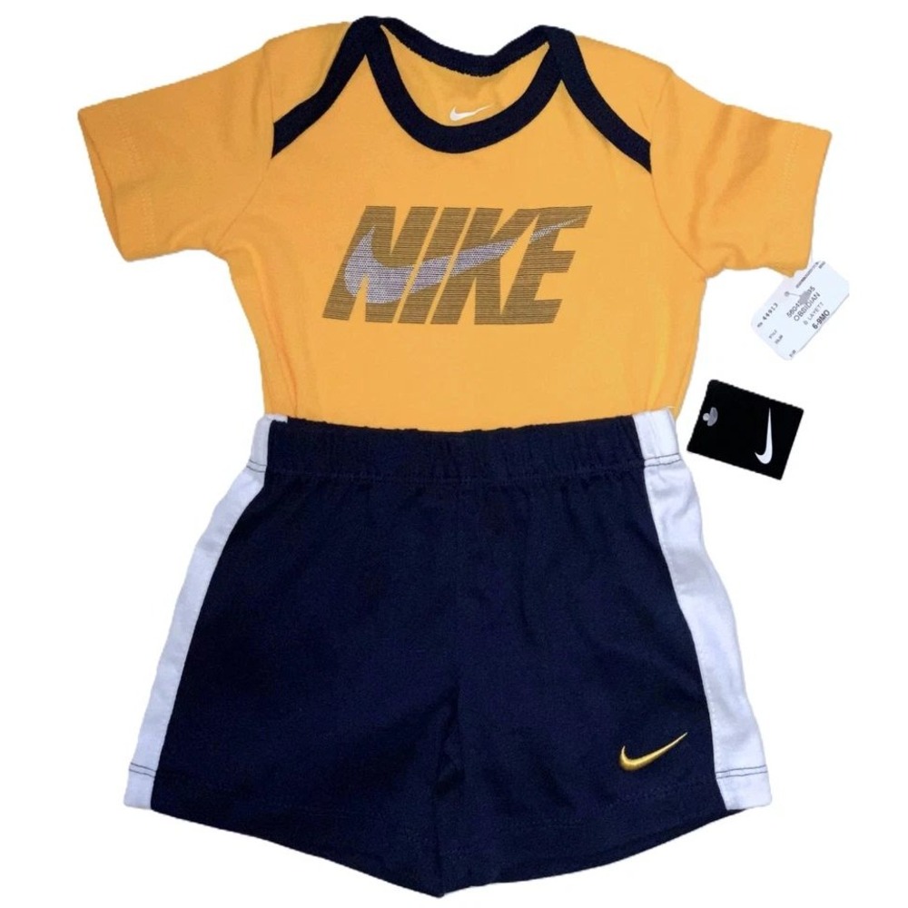 NIKE 6-9M Baby Boy 2-Pc Bodysuit Romper Short Set Dk Navy Blue Golden Yellow NWT